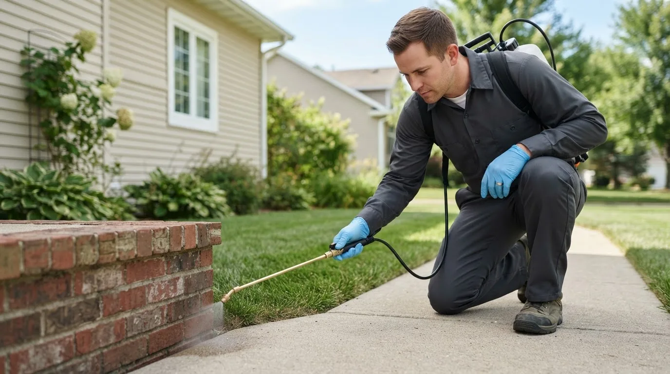 Pest control technician treating a home near Veyo, UT